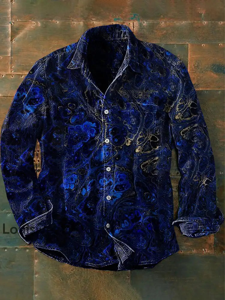 Unisex Vintage Lapis Lazuli Gold strukturiertes Abstraktion druck lässiges Langarm-Hemd Marineblau / S