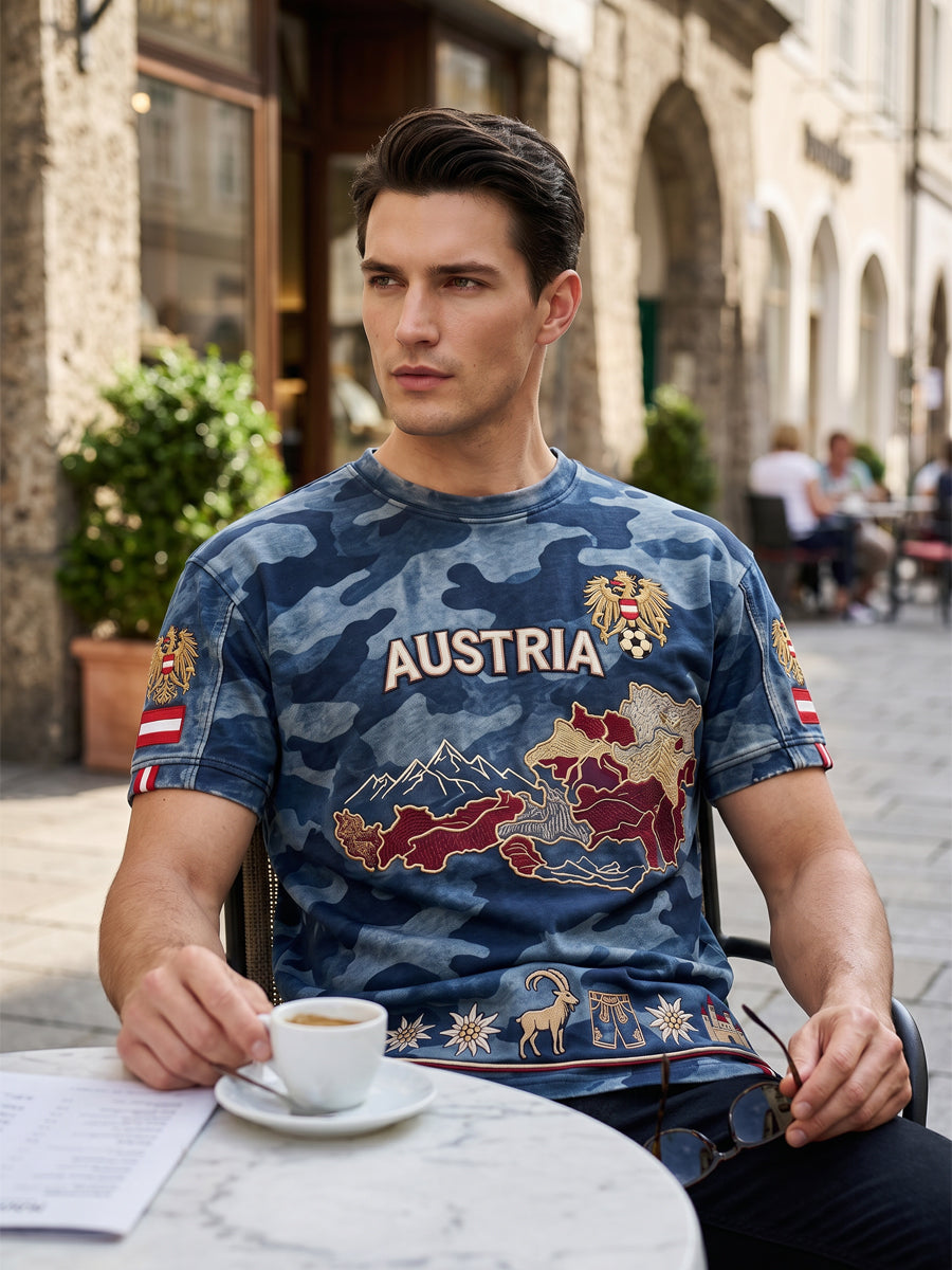 Vintage österreichisches Adler-Camo-Karten-Lässig-T-Shirt