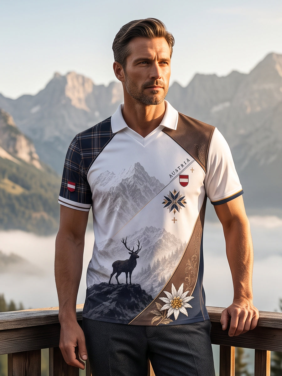 Herren-Oberteil mit V-Ausschnitt und österreichischem Bergmotiv als Kunstdruck