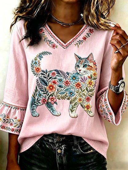 Damen-Floral-Cats-Print-Lässiges Top