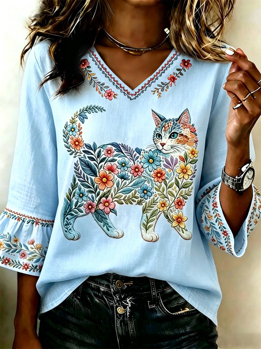 Damen-Floral-Cats-Print-Lässiges Top