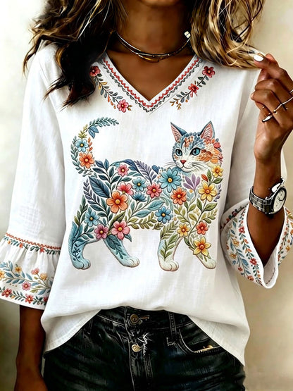 Damen-Floral-Cats-Print-Lässiges Top