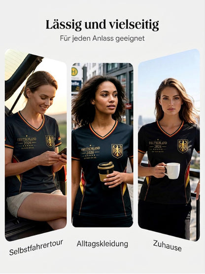 Damen-Fußballfan-T-Shirt mit Deutschland-Print und V-Ausschnitt