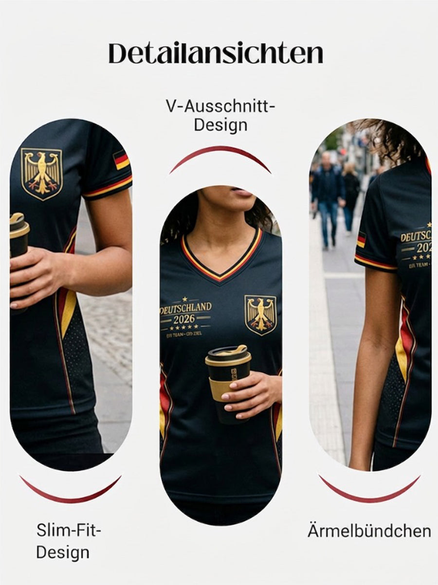 Damen-Fußballfan-T-Shirt mit Deutschland-Print und V-Ausschnitt