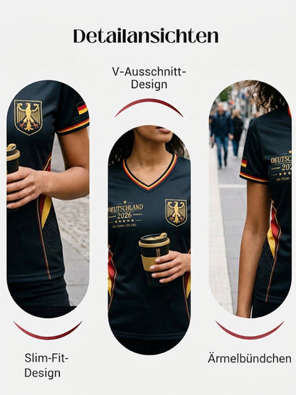 Damen-Fußballfan-T-Shirt mit Deutschland-Print und V-Ausschnitt