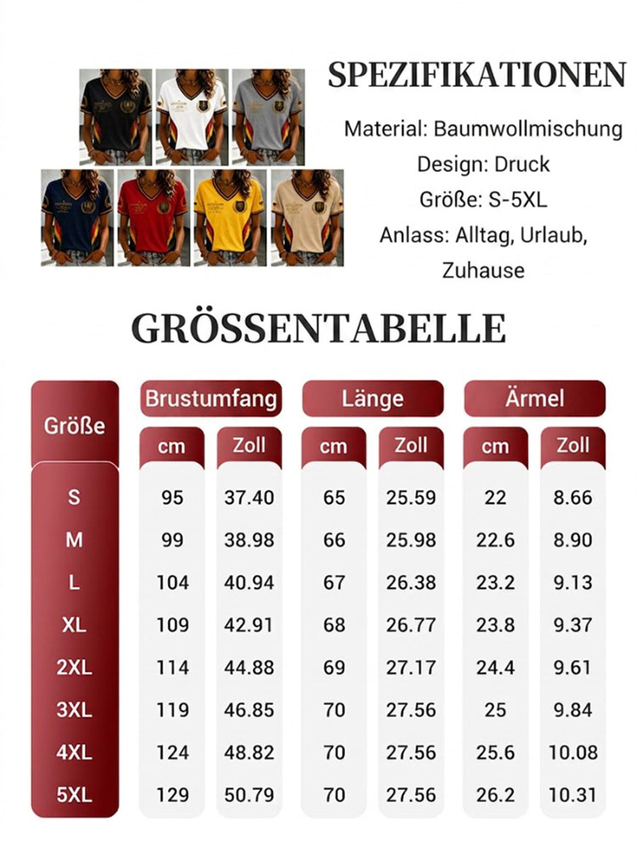 Damen-Fußballfan-T-Shirt mit Deutschland-Print und V-Ausschnitt