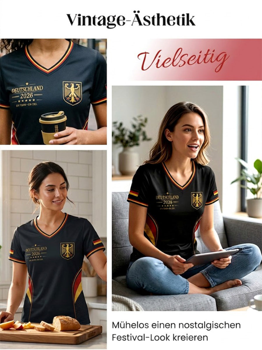 Damen-Fußballfan-T-Shirt mit Deutschland-Print und V-Ausschnitt