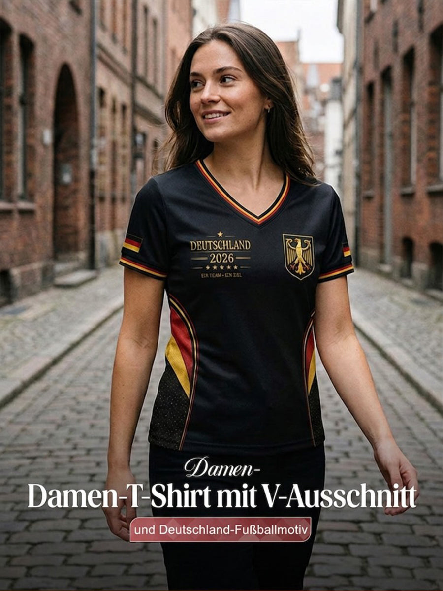 Damen-Fußballfan-T-Shirt mit Deutschland-Print und V-Ausschnitt