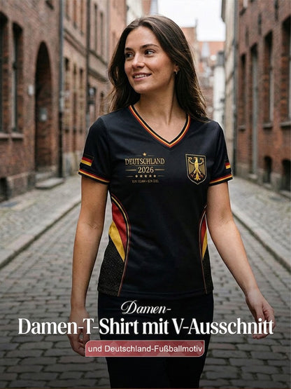 Damen-Fußballfan-T-Shirt mit Deutschland-Print und V-Ausschnitt