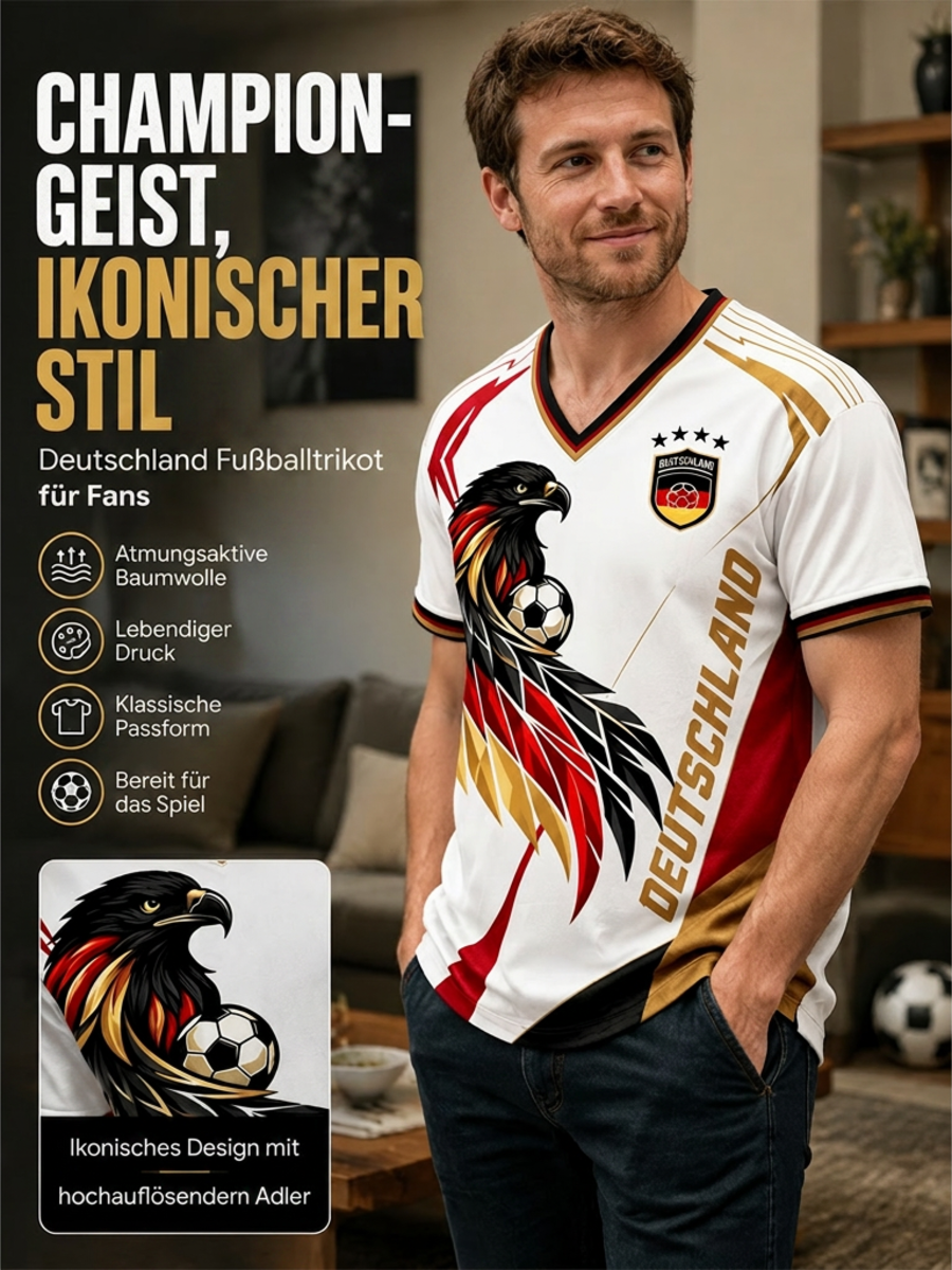 Herren-Fußballfan-T-Shirt aus Deutschland mit V-Ausschnitt und Print