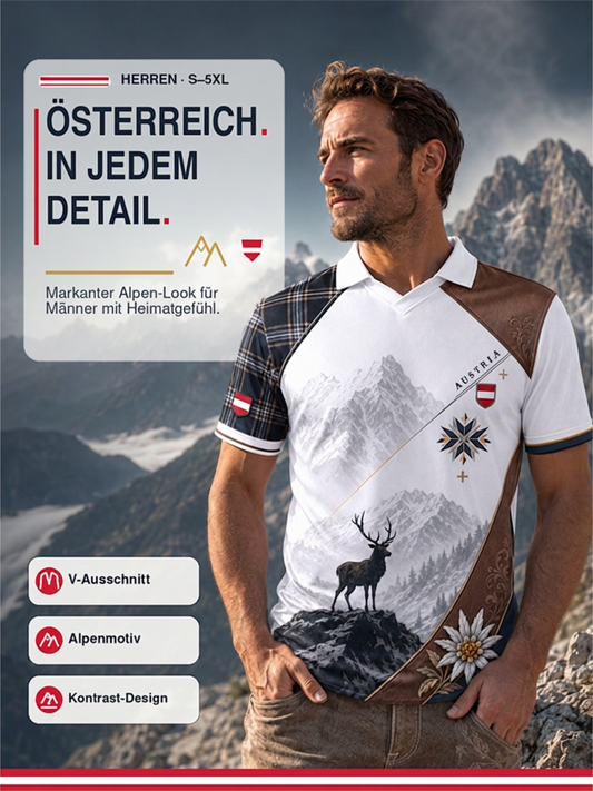 Herren-Oberteil mit V-Ausschnitt und österreichischem Bergmotiv als Kunstdruck