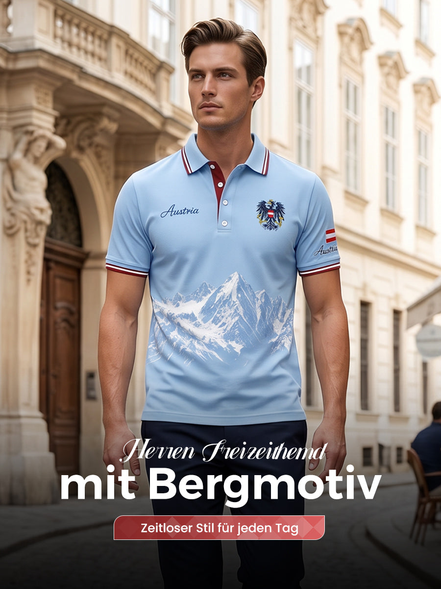 Herren-Poloshirt mit Bergmotiv-Stickerei und -Print