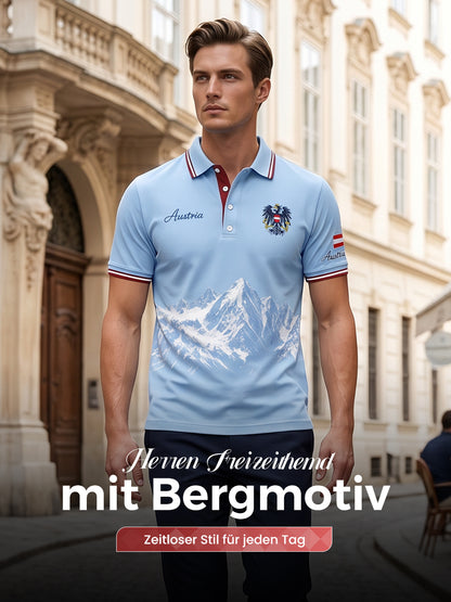 Herren-Poloshirt mit Bergmotiv-Stickerei und -Print