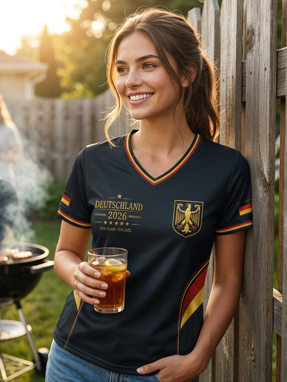 Damen-Fußballfan-T-Shirt mit Deutschland-Print und V-Ausschnitt