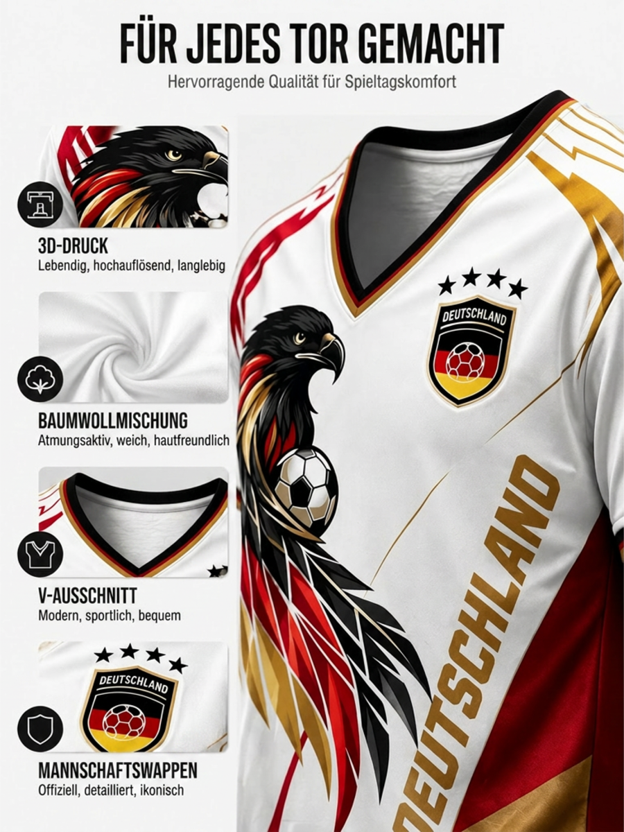Herren-Fußballfan-T-Shirt aus Deutschland mit V-Ausschnitt und Print