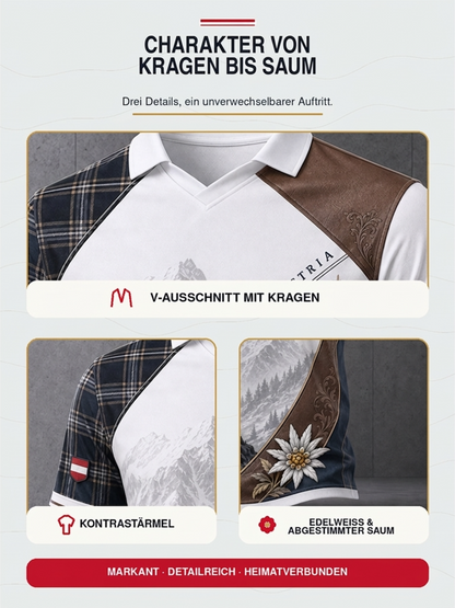 Herren-Oberteil mit V-Ausschnitt und österreichischem Bergmotiv als Kunstdruck