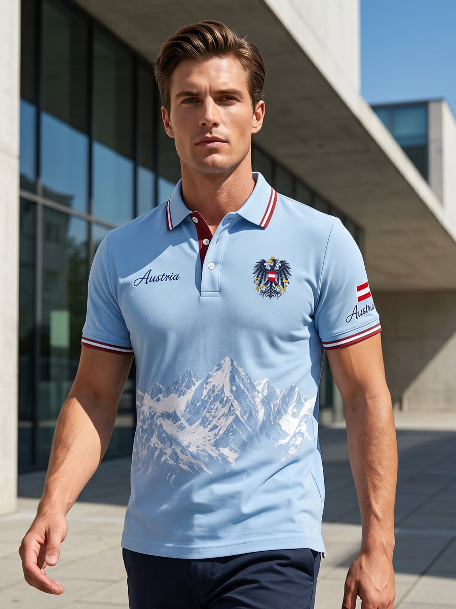 Herren-Poloshirt mit Bergmotiv-Stickerei und -Print