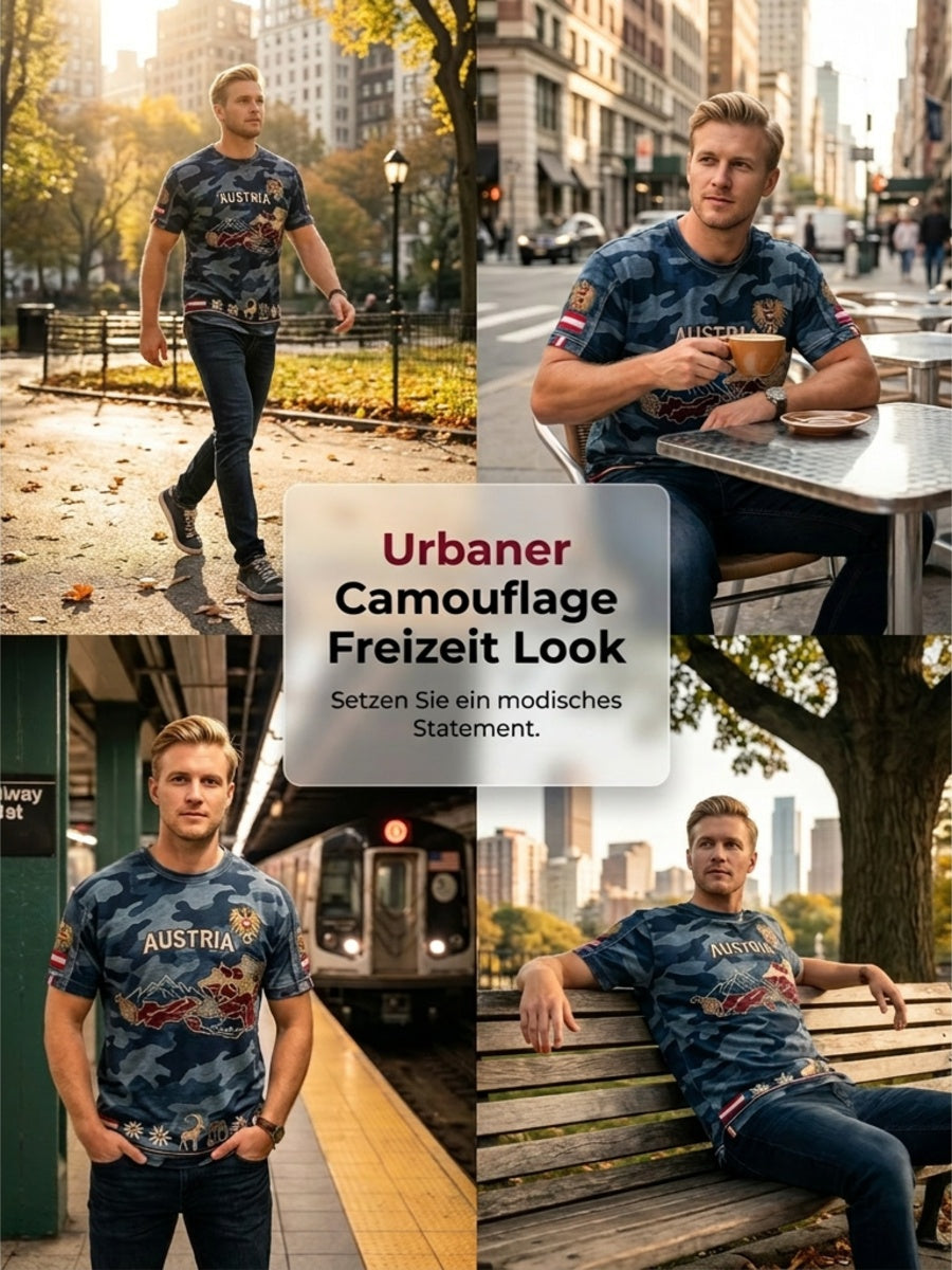 Vintage österreichisches Adler-Camo-Karten-Lässig-T-Shirt