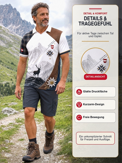 Herren-Oberteil mit V-Ausschnitt und österreichischem Bergmotiv als Kunstdruck
