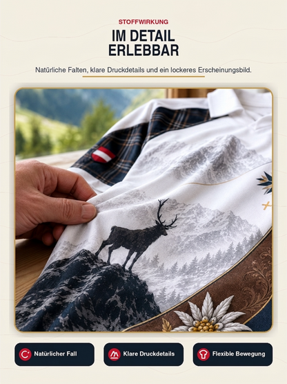 Herren-Oberteil mit V-Ausschnitt und österreichischem Bergmotiv als Kunstdruck