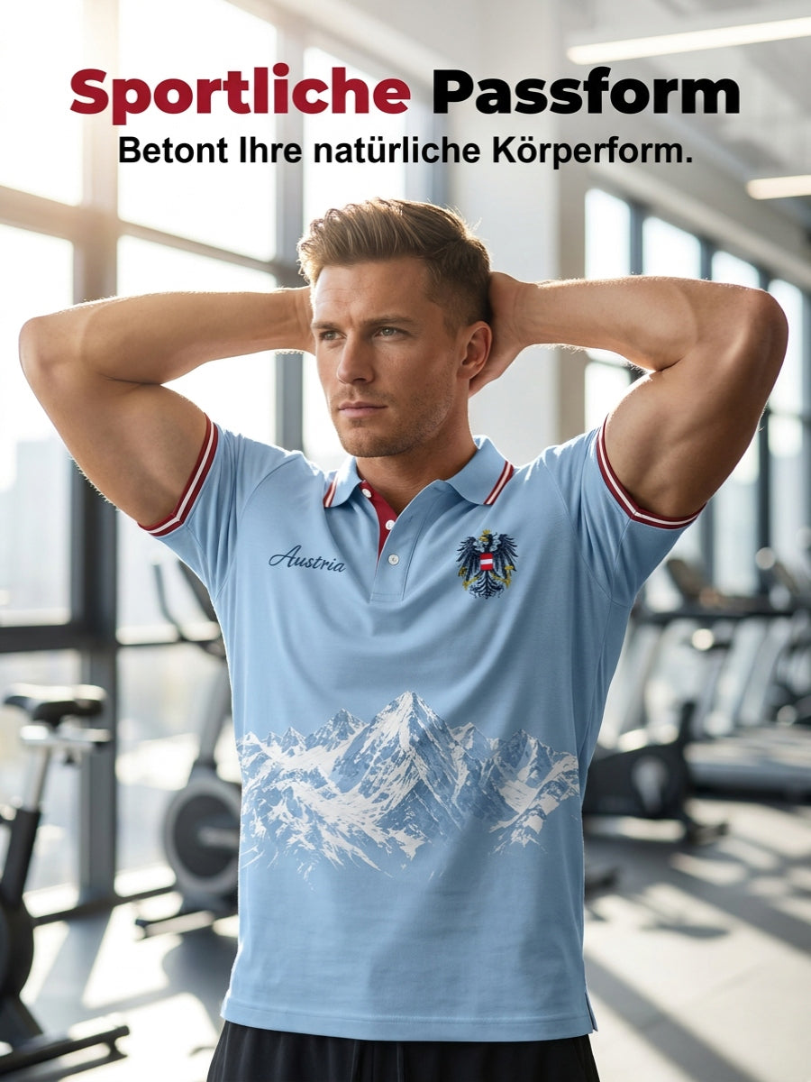 Herren-Poloshirt mit Bergmotiv-Stickerei und -Print