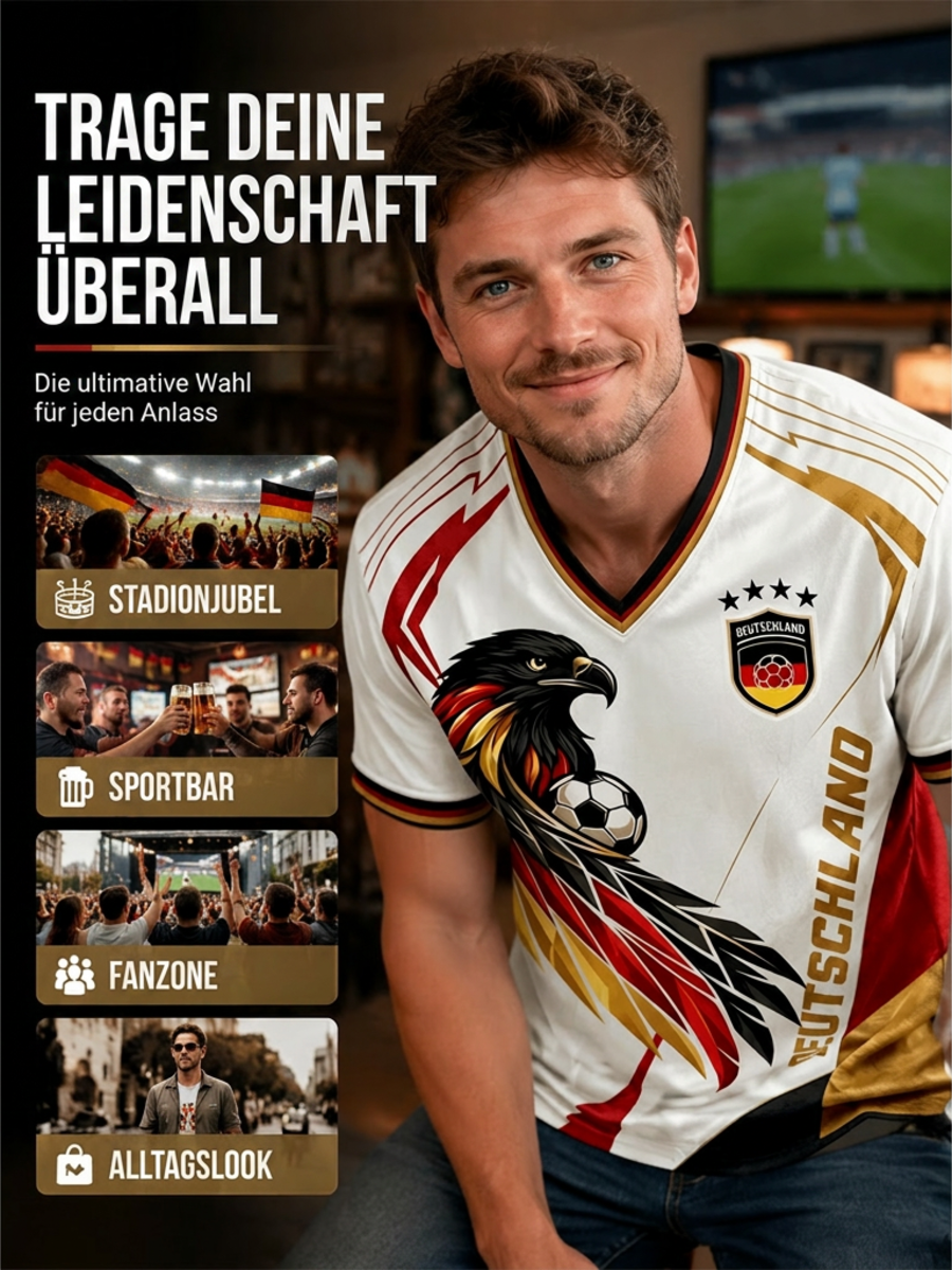Herren-Fußballfan-T-Shirt aus Deutschland mit V-Ausschnitt und Print