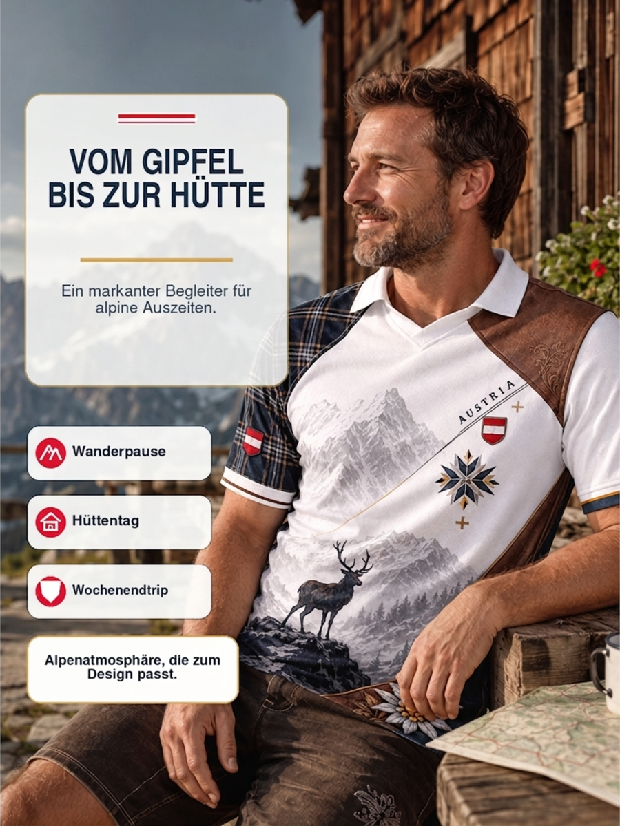 Herren-Oberteil mit V-Ausschnitt und österreichischem Bergmotiv als Kunstdruck