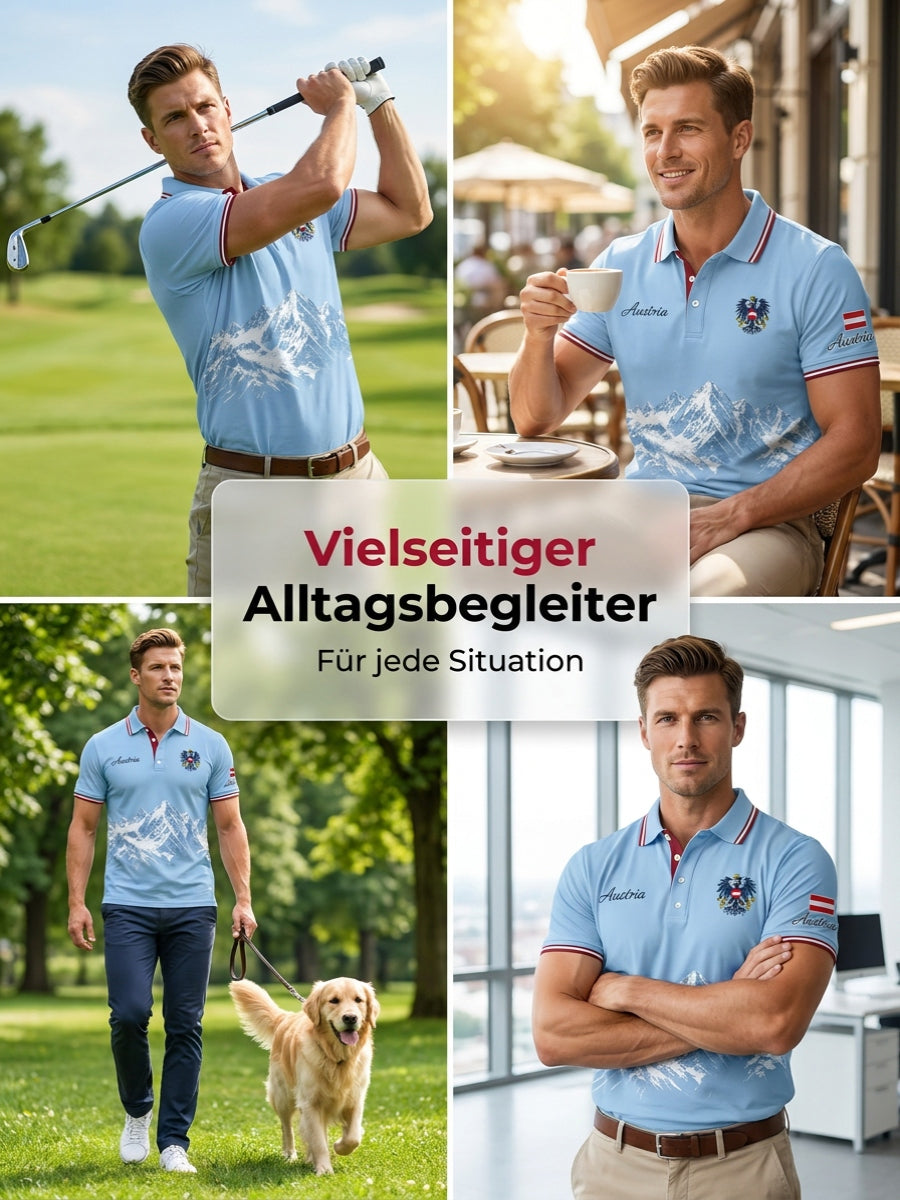 Herren-Poloshirt mit Bergmotiv-Stickerei und -Print