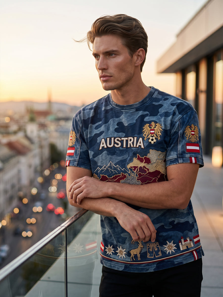 Vintage österreichisches Adler-Camo-Karten-Lässig-T-Shirt