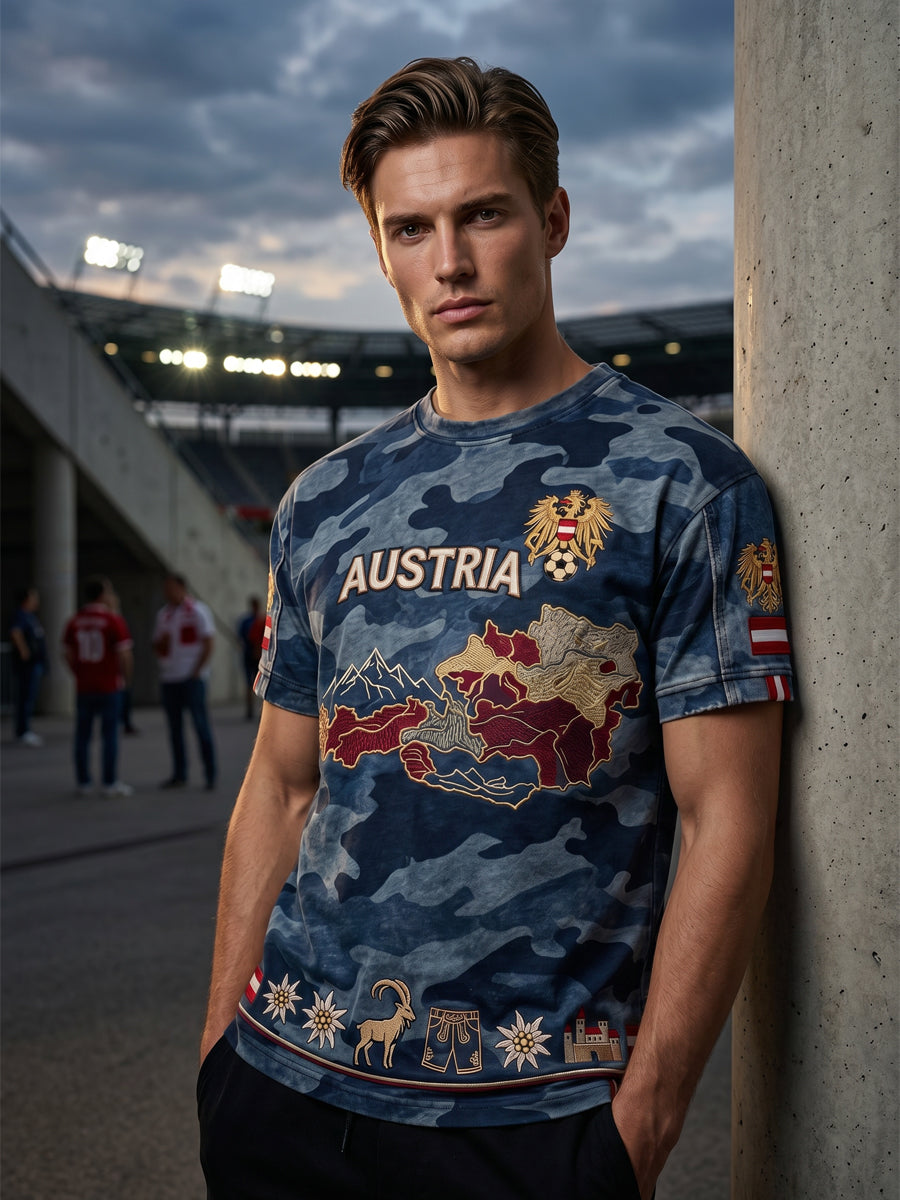 Vintage österreichisches Adler-Camo-Karten-Lässig-T-Shirt