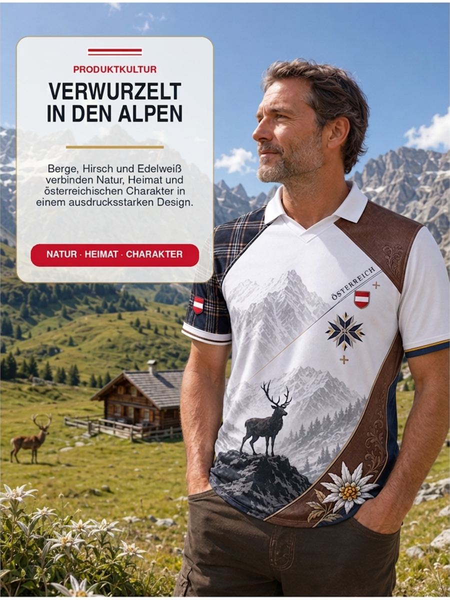 Herren-Oberteil mit V-Ausschnitt und österreichischem Bergmotiv als Kunstdruck