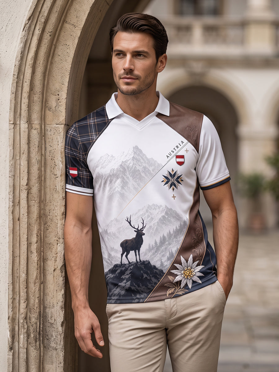 Herren-Oberteil mit V-Ausschnitt und österreichischem Bergmotiv als Kunstdruck