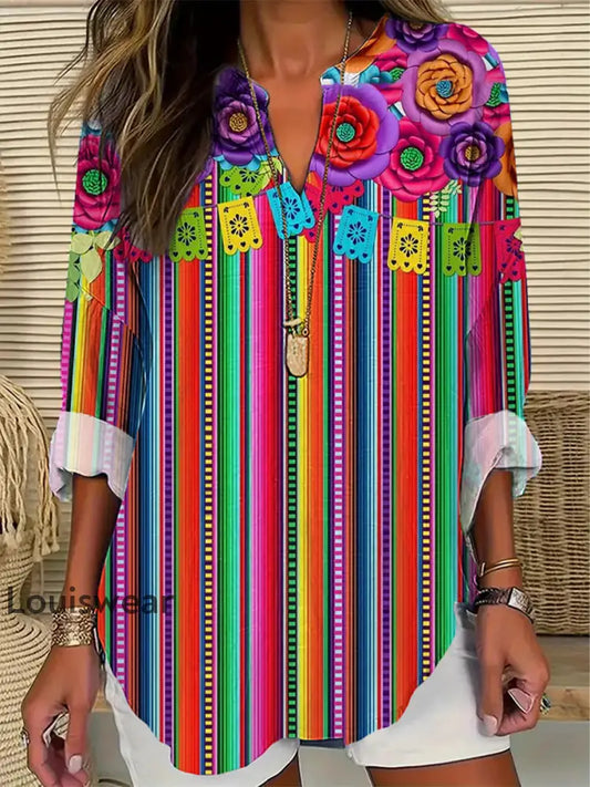 Damen Cinco De Mayo Bedruckt Vintage Casual Baumwoll Leinen Langarm Hemd bunt / S