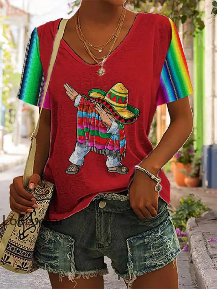 Damen Cinco De Mayo Bedrucktes Kurzarm hemd mit V-Ausschnitt Rot / S