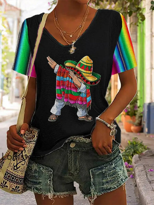 Damen Cinco De Mayo Bedrucktes Kurzarm hemd mit V-Ausschnitt Schwarz / S