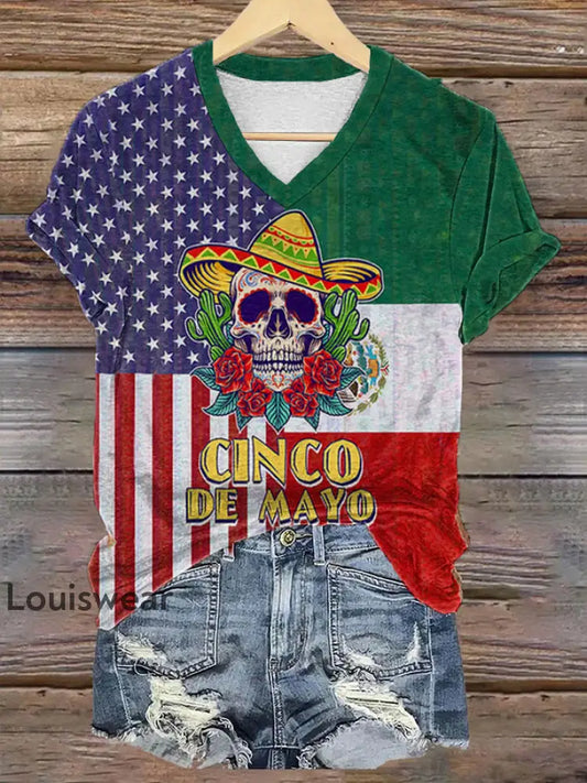 Damen Cinco De Mayo Bedrucktes Kurzarm T-Shirt mit V-Ausschnitt bunt / S