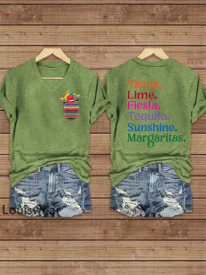 Damen Cinco De Mayo bedrucktes Kurzarm T-Shirt mit V-Ausschnitt Grün / S