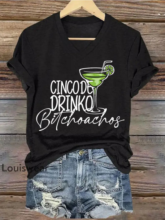 Damen Cinco De Mayo bedrucktes Kurzarm T-Shirt mit V-Ausschnitt Schwarz / S
