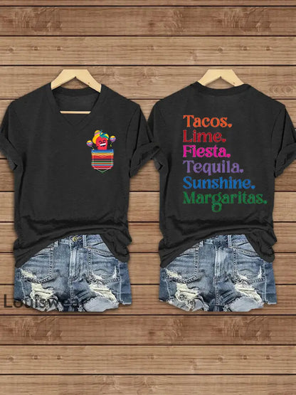 Damen Cinco De Mayo bedrucktes Kurzarm T-Shirt mit V-Ausschnitt Schwarz / S