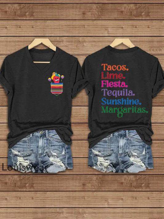 Damen Cinco De Mayo bedrucktes Kurzarm T-Shirt mit V-Ausschnitt Schwarz / S