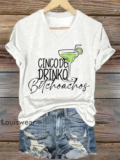 Damen Cinco De Mayo bedrucktes Kurzarm T-Shirt mit V-Ausschnitt Weiß / S