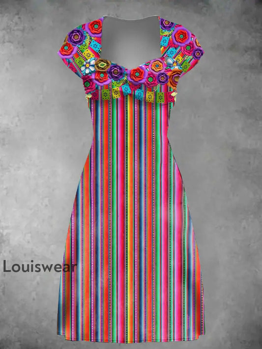 Damen Cinco De Mayo Bedrucktes Vintage Lässiges Langarm-Midi-Kleid bunt / S
