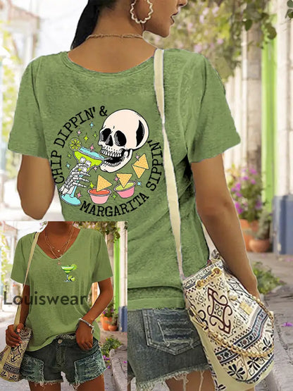 Damen Cinco De Mayo Chip Dippin ’Margarita Sippin’ Bedrucktes Kurzarm-T-Shirt mit V-Ausschnitt Grün / S