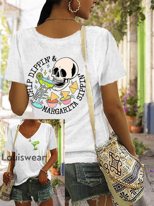 Damen Cinco De Mayo Chip Dippin ’Margarita Sippin’ Bedrucktes Kurzarm-T-Shirt mit V-Ausschnitt Weiß / S