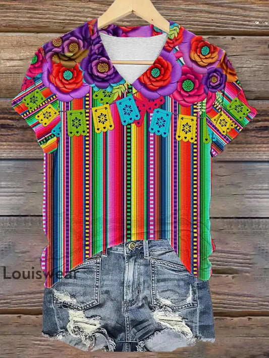 Damen Cinco De Mayo Printed V-Ausschnitt Kurzarm Shirt bunt / S