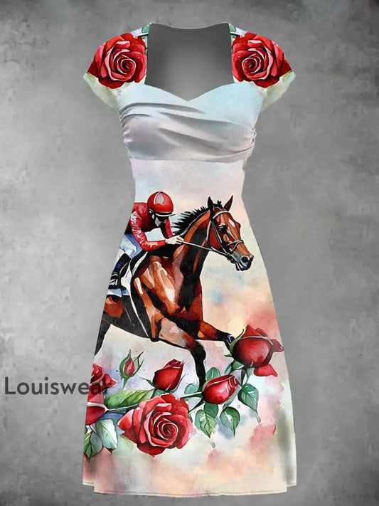 Damen Derby Pferd Kunstdruck Kleid als bild / S