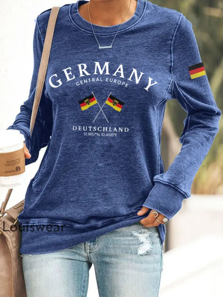 Damen Deutschland bedrucktes langärmliges Sweatshirt Blau / S