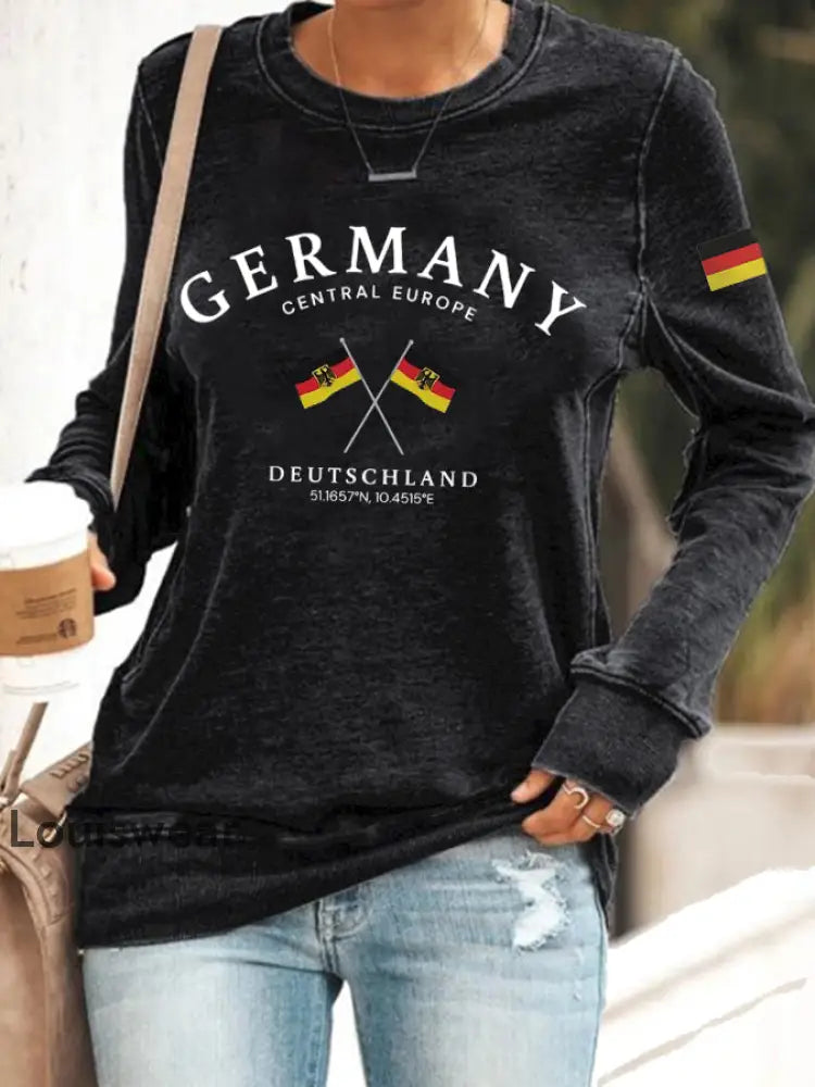 Damen Deutschland bedrucktes langärmliges Sweatshirt Schwarz / S