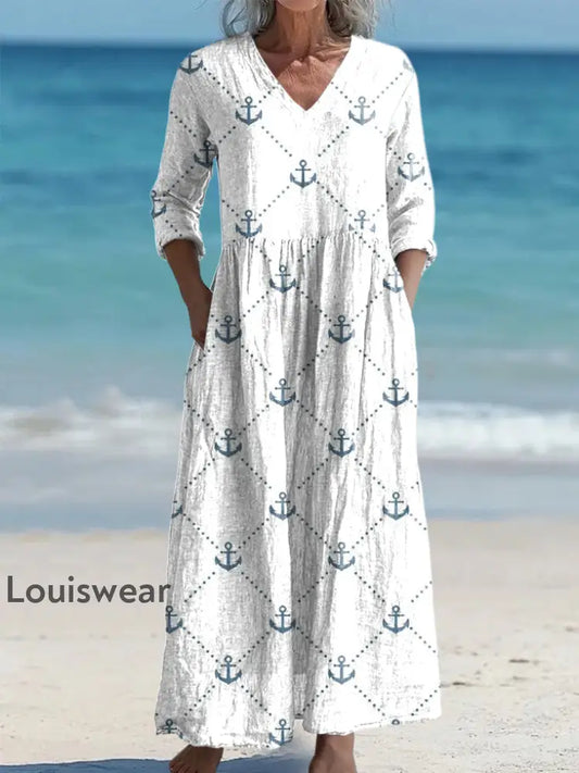 Damen-Feiertags-Anker-Print-Kleid Weiß / S