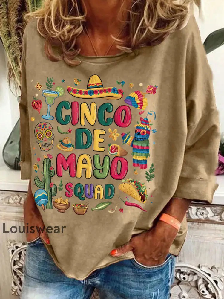 Damen Mexiko Cinco De Mayo Blumen kunst bedrucktes Top Khaki / S